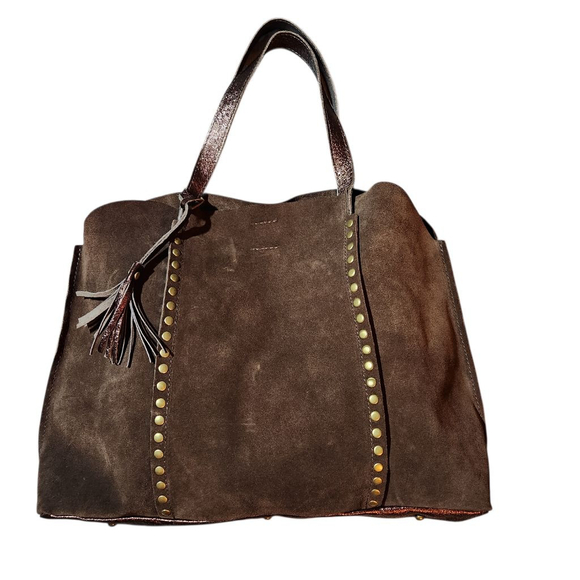 Marlon Brown Suede Tote Bag Made In Italy - Picture 4 of 10